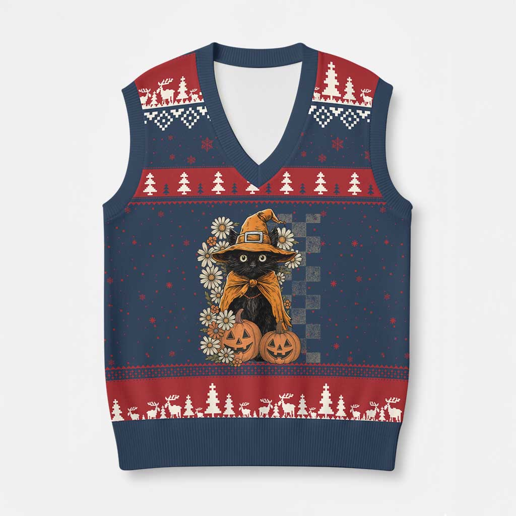 Boho Cat Wild Flowers V-Neck Knit Sweater Vest Vintage Autumn Cozy Black Cat Pumpkin Halloween