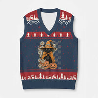 Boho Cat Wild Flowers V-Neck Knit Sweater Vest Vintage Autumn Cozy Black Cat Pumpkin Halloween