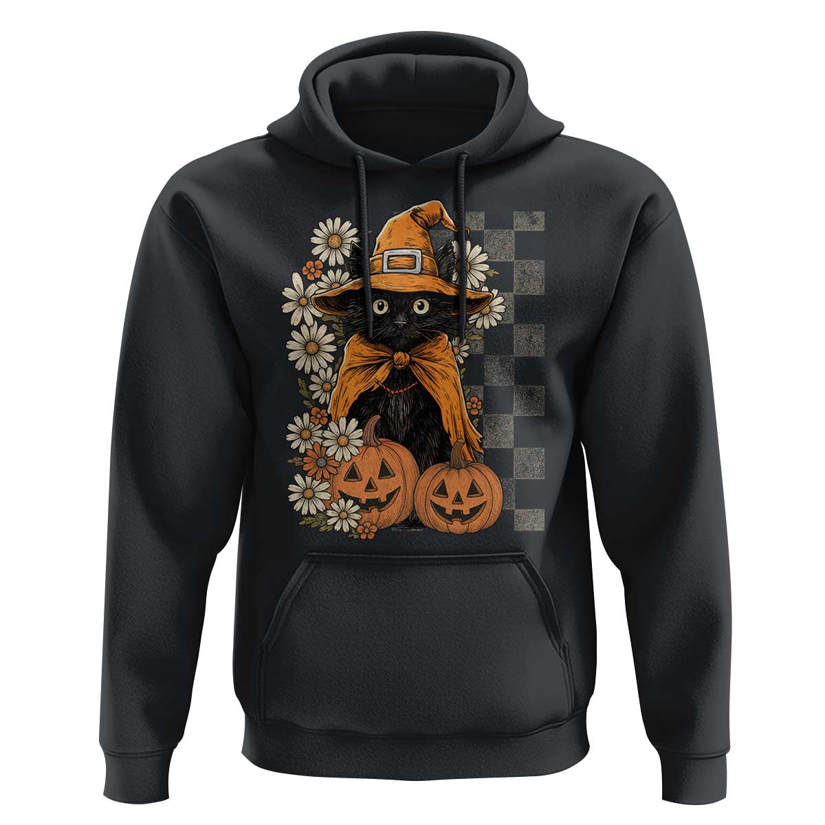 Boho Cat Wild Flowers Hoodie Vintage Autumn Cozy Black Cat Pumpkin Halloween