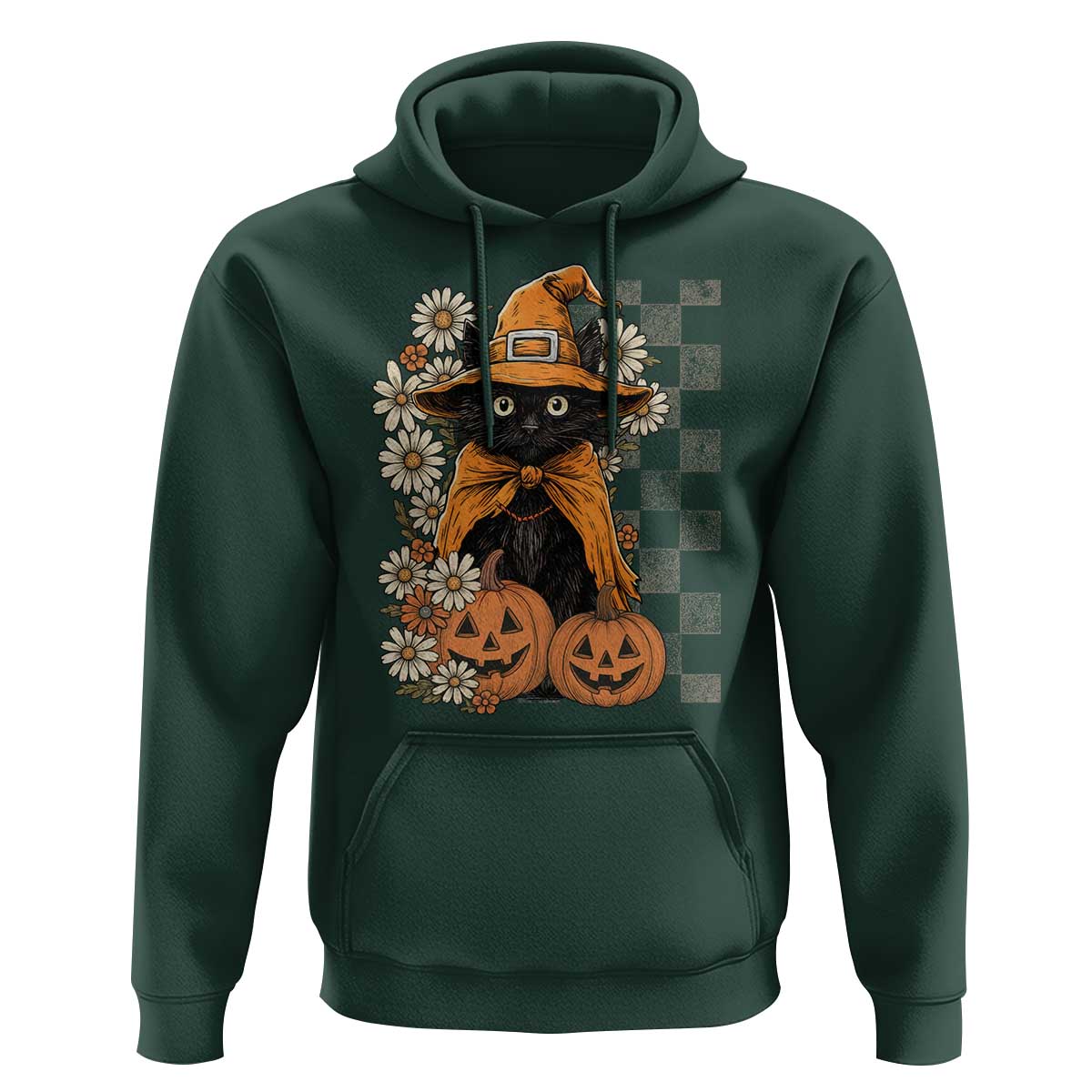 Boho Cat Wild Flowers Hoodie Vintage Autumn Cozy Black Cat Pumpkin Halloween