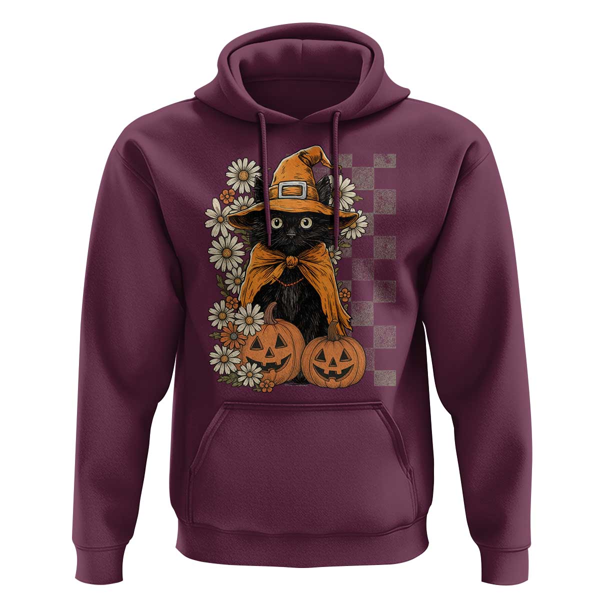 Boho Cat Wild Flowers Hoodie Vintage Autumn Cozy Black Cat Pumpkin Halloween