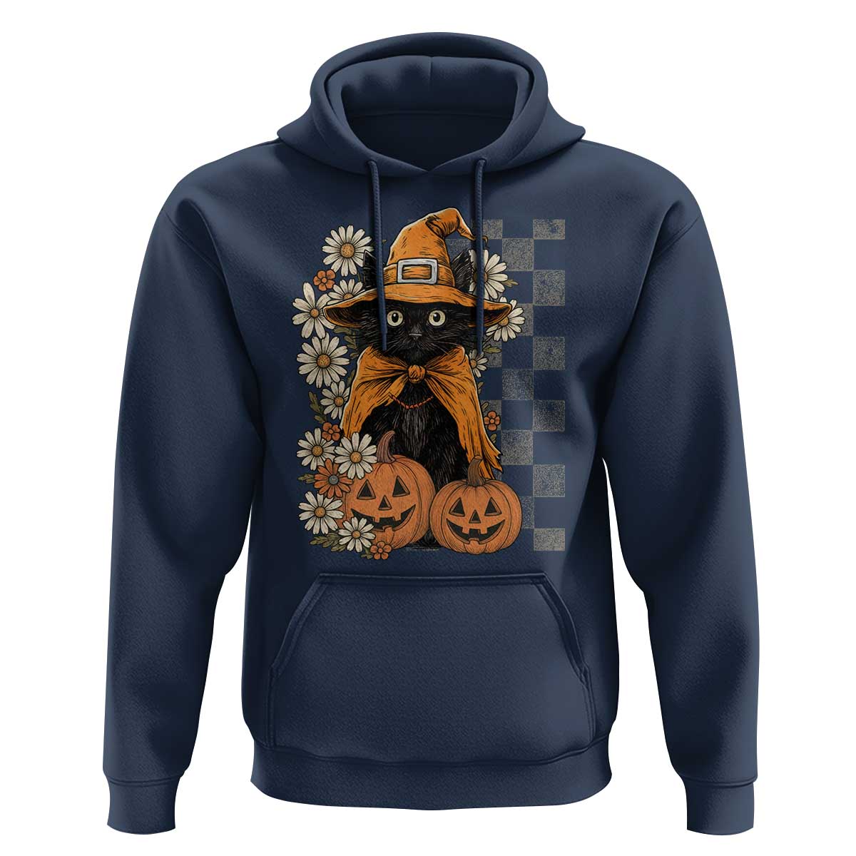 Boho Cat Wild Flowers Hoodie Vintage Autumn Cozy Black Cat Pumpkin Halloween