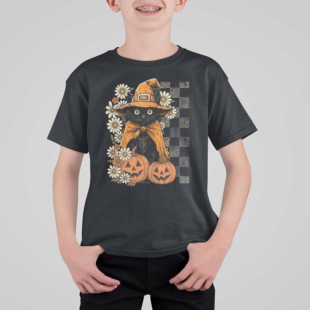 Boho Cat Wild Flowers T Shirt For Kid Vintage Autumn Cozy Black Cat Pumpkin Halloween