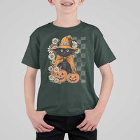 Boho Cat Wild Flowers T Shirt For Kid Vintage Autumn Cozy Black Cat Pumpkin Halloween