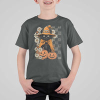 Boho Cat Wild Flowers T Shirt For Kid Vintage Autumn Cozy Black Cat Pumpkin Halloween