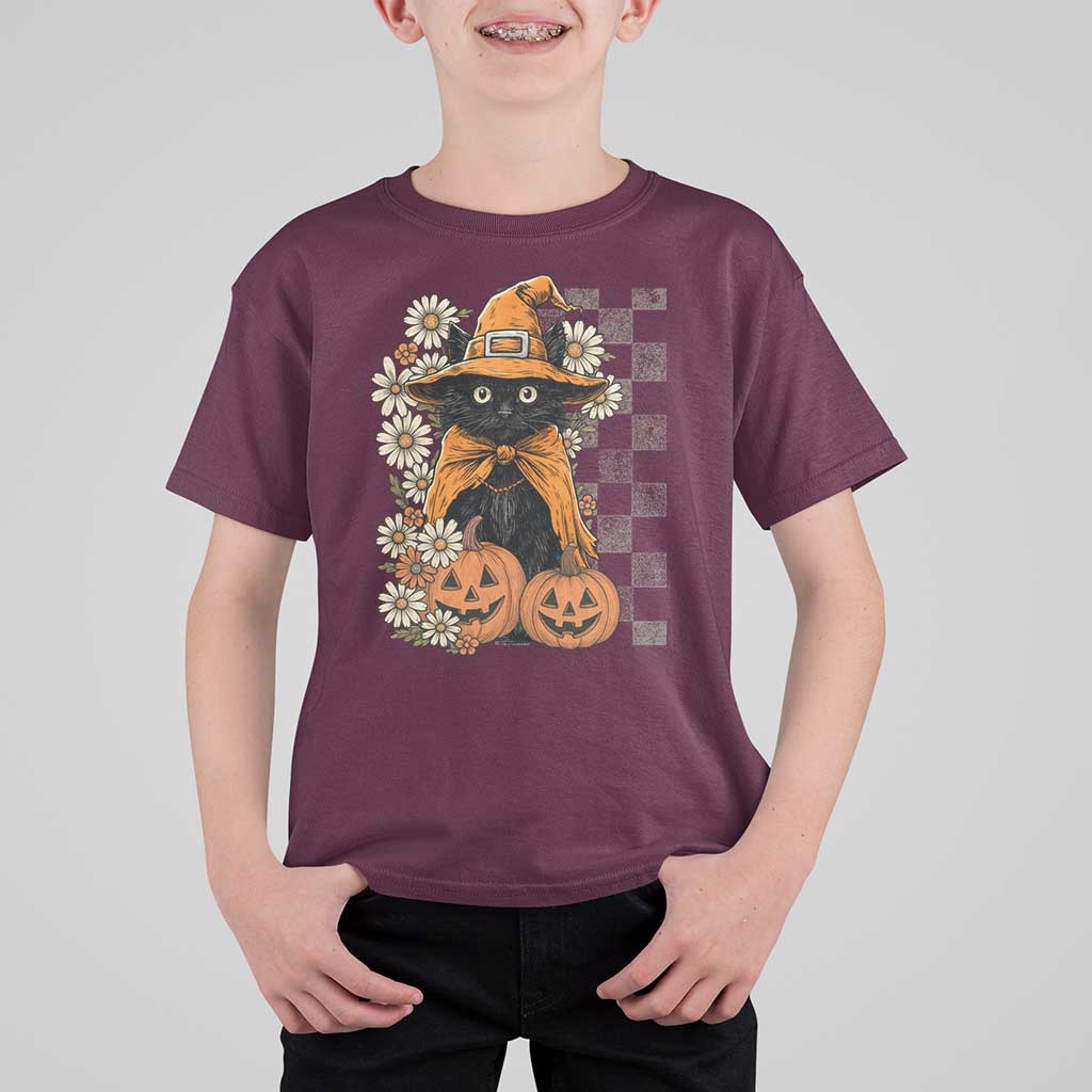 Boho Cat Wild Flowers T Shirt For Kid Vintage Autumn Cozy Black Cat Pumpkin Halloween