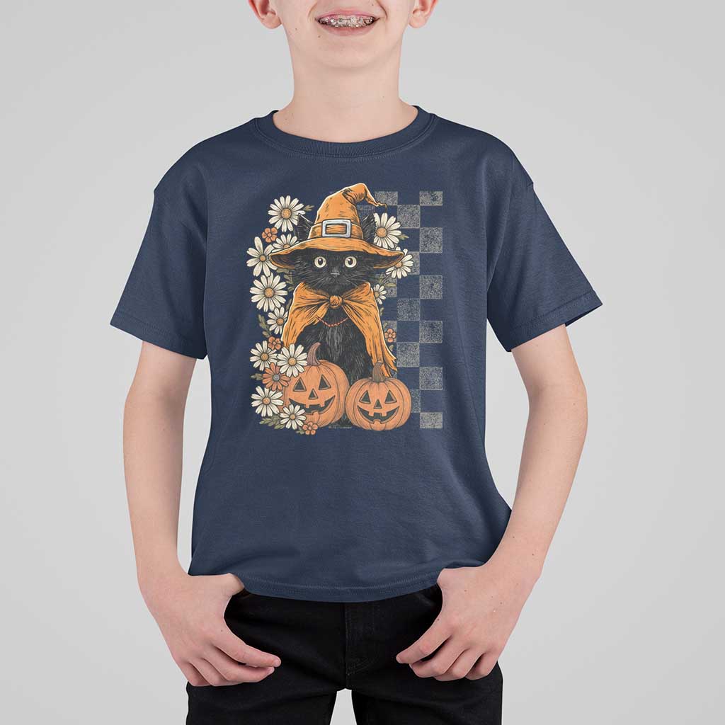 Boho Cat Wild Flowers T Shirt For Kid Vintage Autumn Cozy Black Cat Pumpkin Halloween