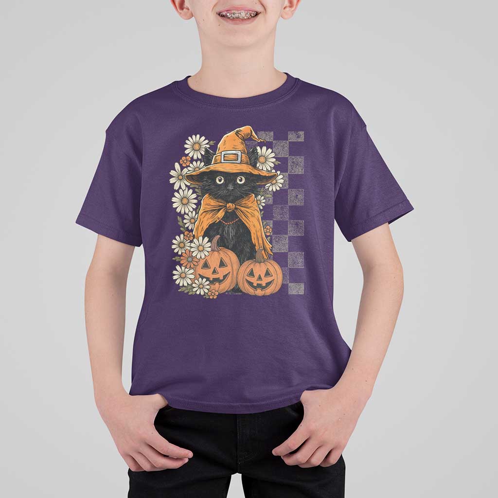 Boho Cat Wild Flowers T Shirt For Kid Vintage Autumn Cozy Black Cat Pumpkin Halloween