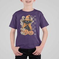 Boho Cat Wild Flowers T Shirt For Kid Vintage Autumn Cozy Black Cat Pumpkin Halloween