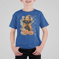 Boho Cat Wild Flowers T Shirt For Kid Vintage Autumn Cozy Black Cat Pumpkin Halloween