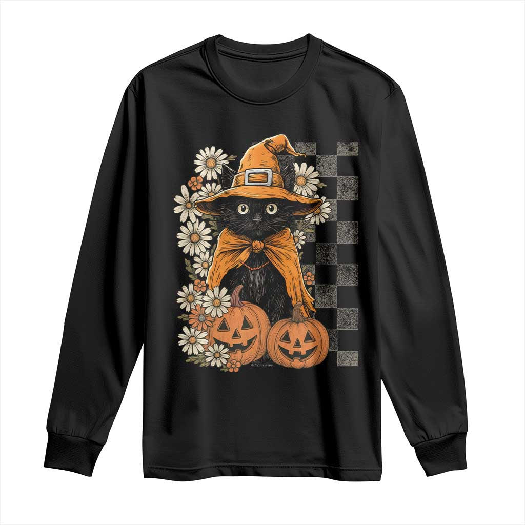 Boho Cat Wild Flowers Long Sleeve Shirt Vintage Autumn Cozy Black Cat Pumpkin Halloween