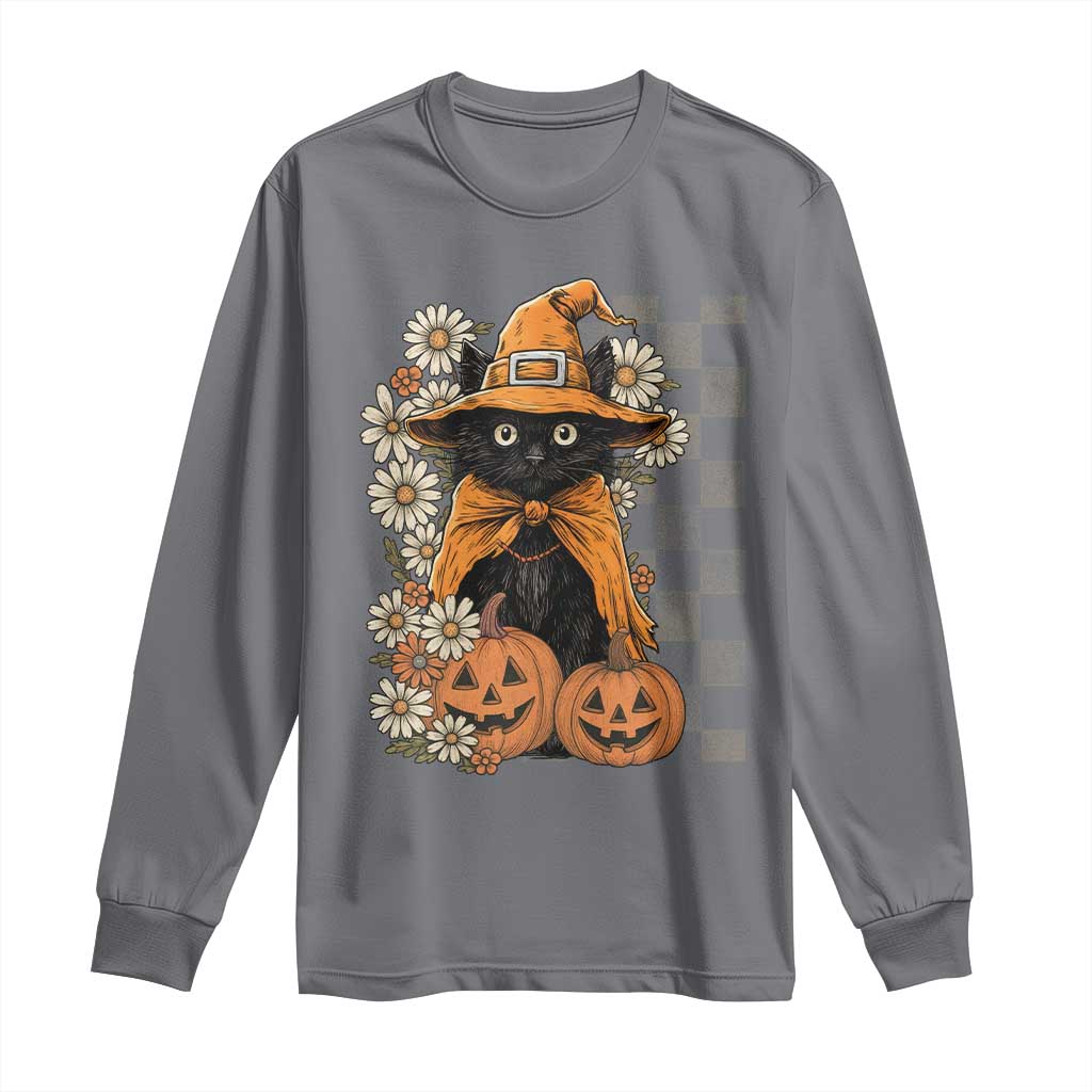 Boho Cat Wild Flowers Long Sleeve Shirt Vintage Autumn Cozy Black Cat Pumpkin Halloween