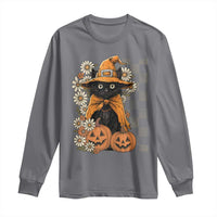 Boho Cat Wild Flowers Long Sleeve Shirt Vintage Autumn Cozy Black Cat Pumpkin Halloween