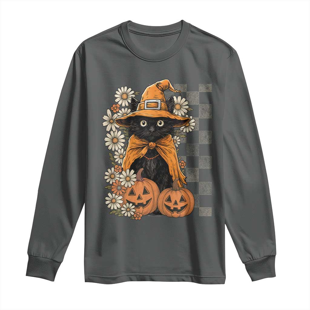 Boho Cat Wild Flowers Long Sleeve Shirt Vintage Autumn Cozy Black Cat Pumpkin Halloween