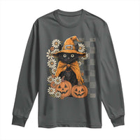 Boho Cat Wild Flowers Long Sleeve Shirt Vintage Autumn Cozy Black Cat Pumpkin Halloween
