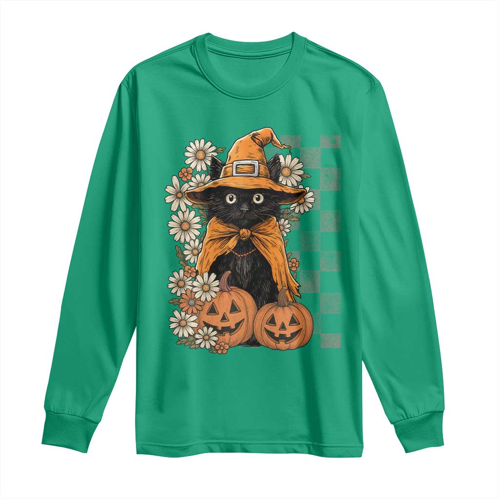 Boho Cat Wild Flowers Long Sleeve Shirt Vintage Autumn Cozy Black Cat Pumpkin Halloween