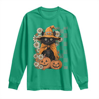 Boho Cat Wild Flowers Long Sleeve Shirt Vintage Autumn Cozy Black Cat Pumpkin Halloween