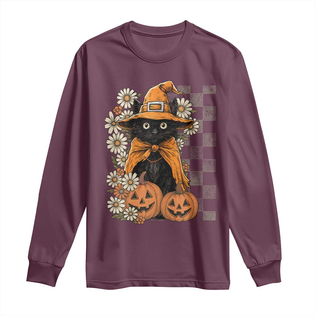 Boho Cat Wild Flowers Long Sleeve Shirt Vintage Autumn Cozy Black Cat Pumpkin Halloween