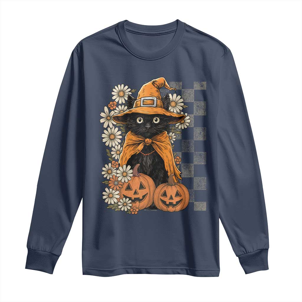 Boho Cat Wild Flowers Long Sleeve Shirt Vintage Autumn Cozy Black Cat Pumpkin Halloween