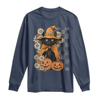 Boho Cat Wild Flowers Long Sleeve Shirt Vintage Autumn Cozy Black Cat Pumpkin Halloween