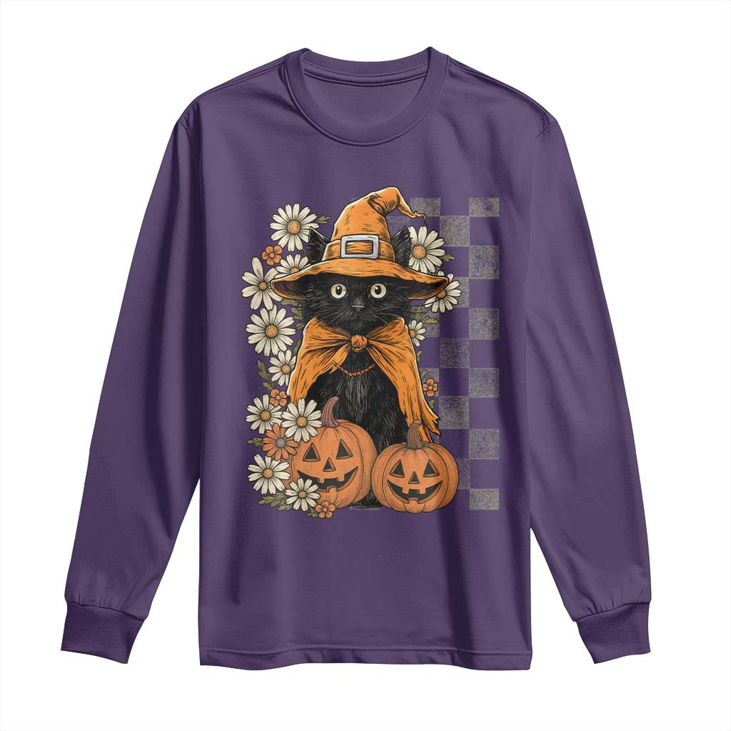 Boho Cat Wild Flowers Long Sleeve Shirt Vintage Autumn Cozy Black Cat Pumpkin Halloween