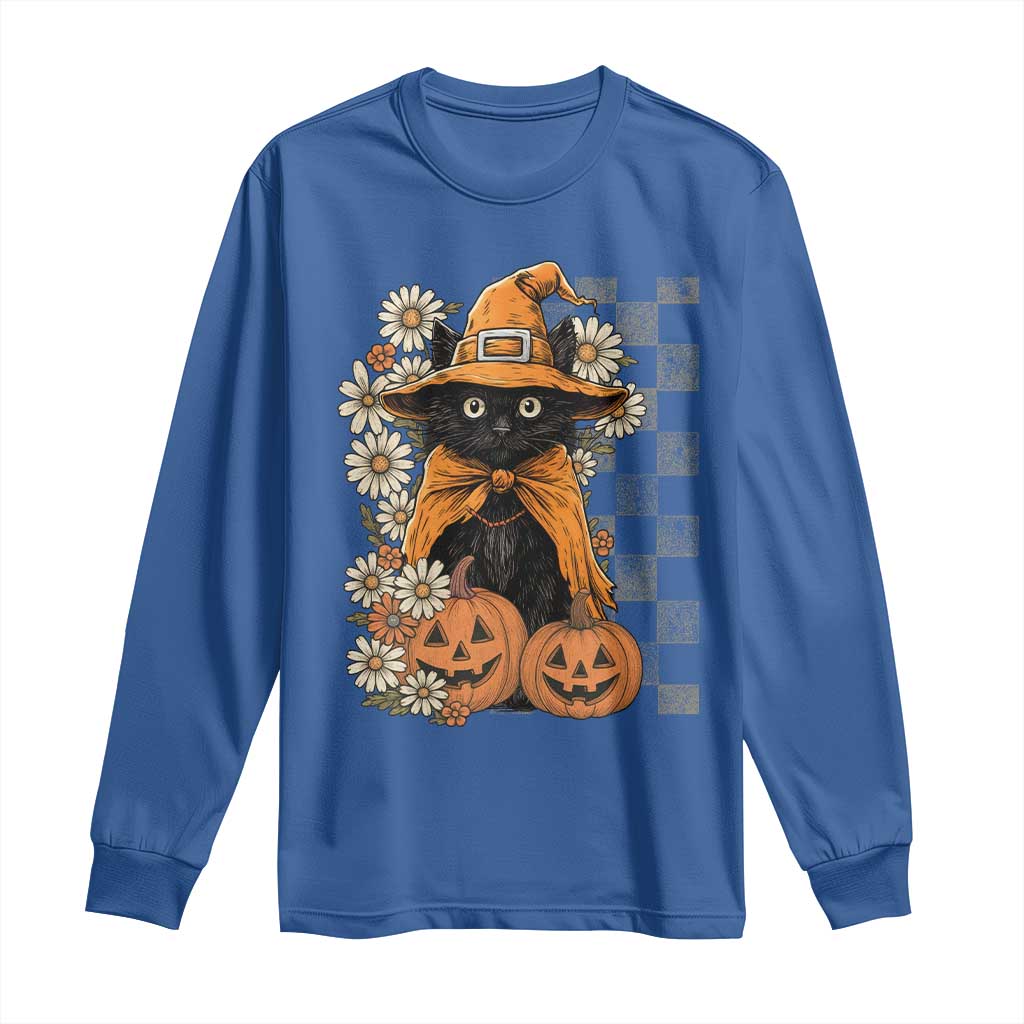 Boho Cat Wild Flowers Long Sleeve Shirt Vintage Autumn Cozy Black Cat Pumpkin Halloween