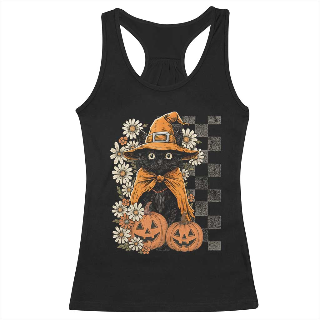 Boho Cat Wild Flowers Racerback Tank Top Vintage Autumn Cozy Black Cat Pumpkin Halloween