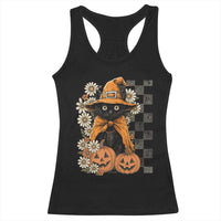 Boho Cat Wild Flowers Racerback Tank Top Vintage Autumn Cozy Black Cat Pumpkin Halloween