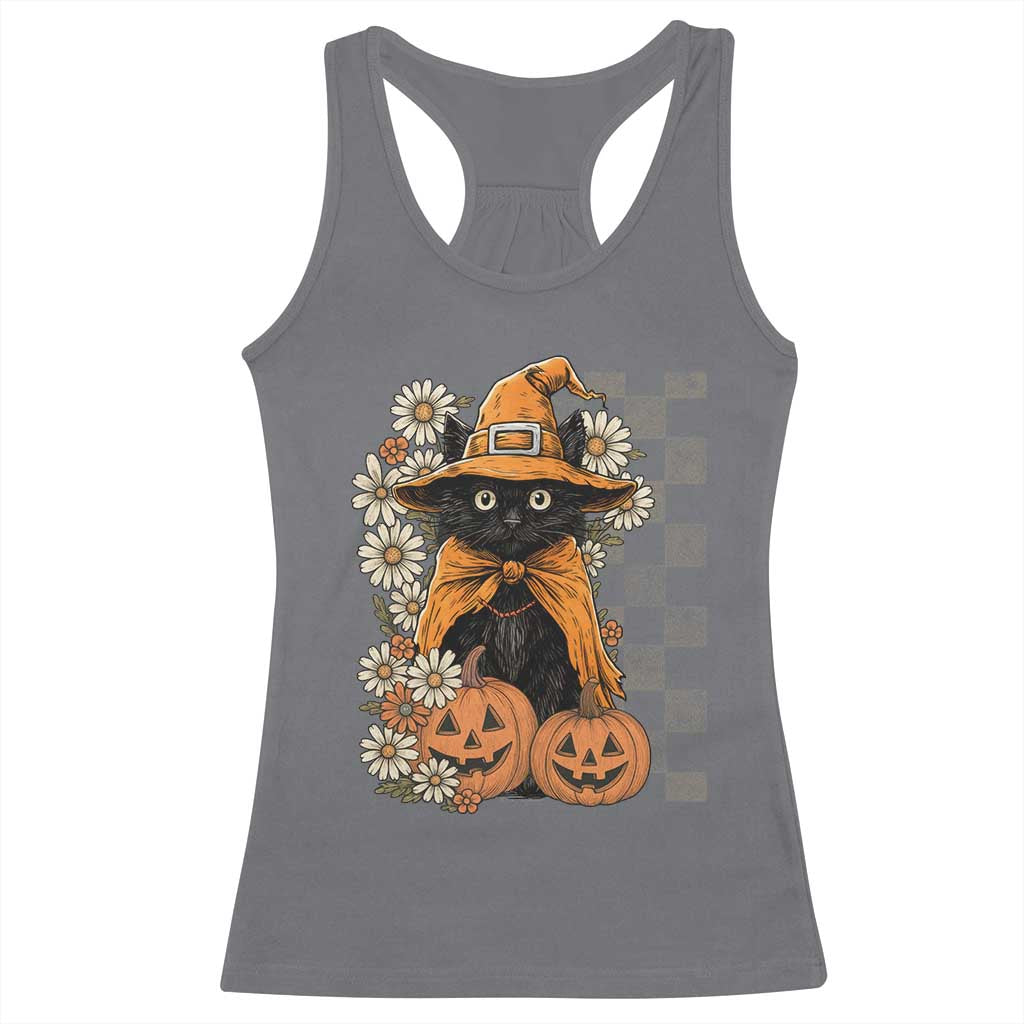 Boho Cat Wild Flowers Racerback Tank Top Vintage Autumn Cozy Black Cat Pumpkin Halloween