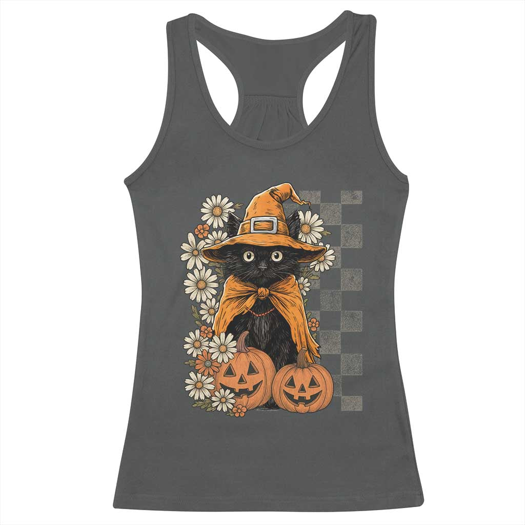Boho Cat Wild Flowers Racerback Tank Top Vintage Autumn Cozy Black Cat Pumpkin Halloween