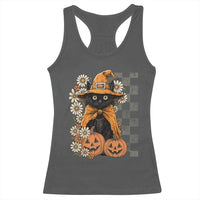 Boho Cat Wild Flowers Racerback Tank Top Vintage Autumn Cozy Black Cat Pumpkin Halloween