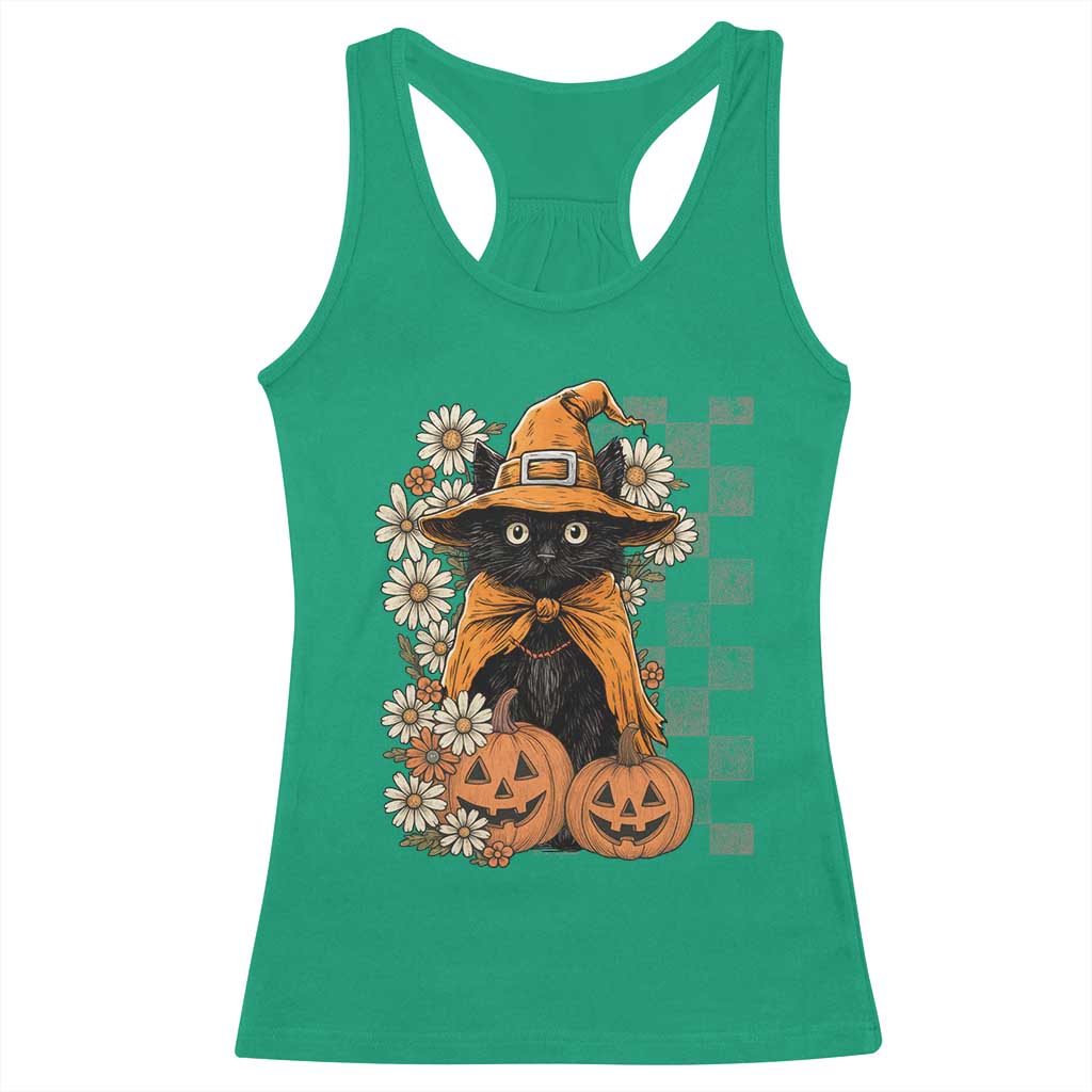 Boho Cat Wild Flowers Racerback Tank Top Vintage Autumn Cozy Black Cat Pumpkin Halloween