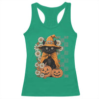 Boho Cat Wild Flowers Racerback Tank Top Vintage Autumn Cozy Black Cat Pumpkin Halloween