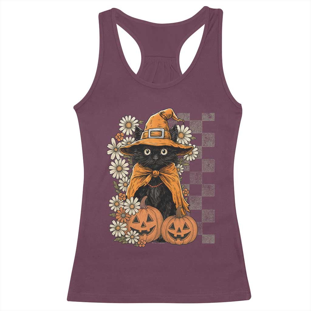 Boho Cat Wild Flowers Racerback Tank Top Vintage Autumn Cozy Black Cat Pumpkin Halloween