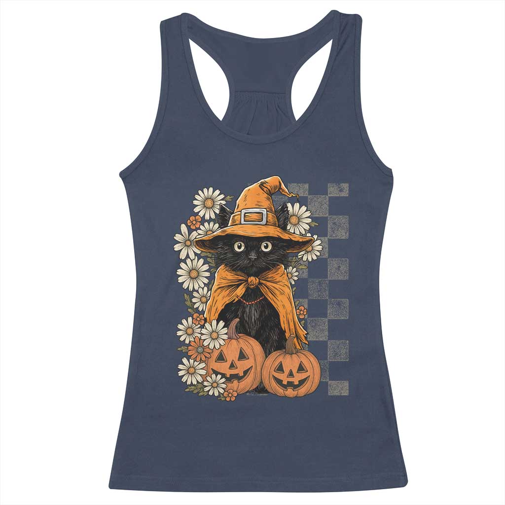 Boho Cat Wild Flowers Racerback Tank Top Vintage Autumn Cozy Black Cat Pumpkin Halloween