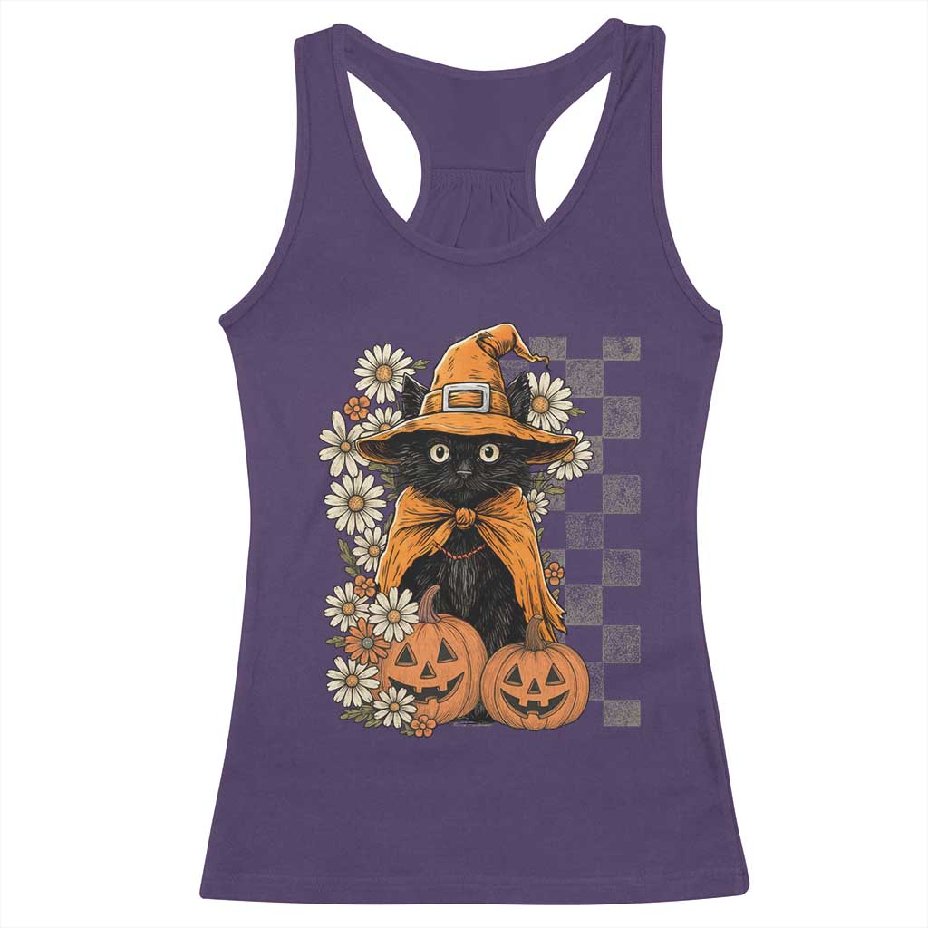 Boho Cat Wild Flowers Racerback Tank Top Vintage Autumn Cozy Black Cat Pumpkin Halloween