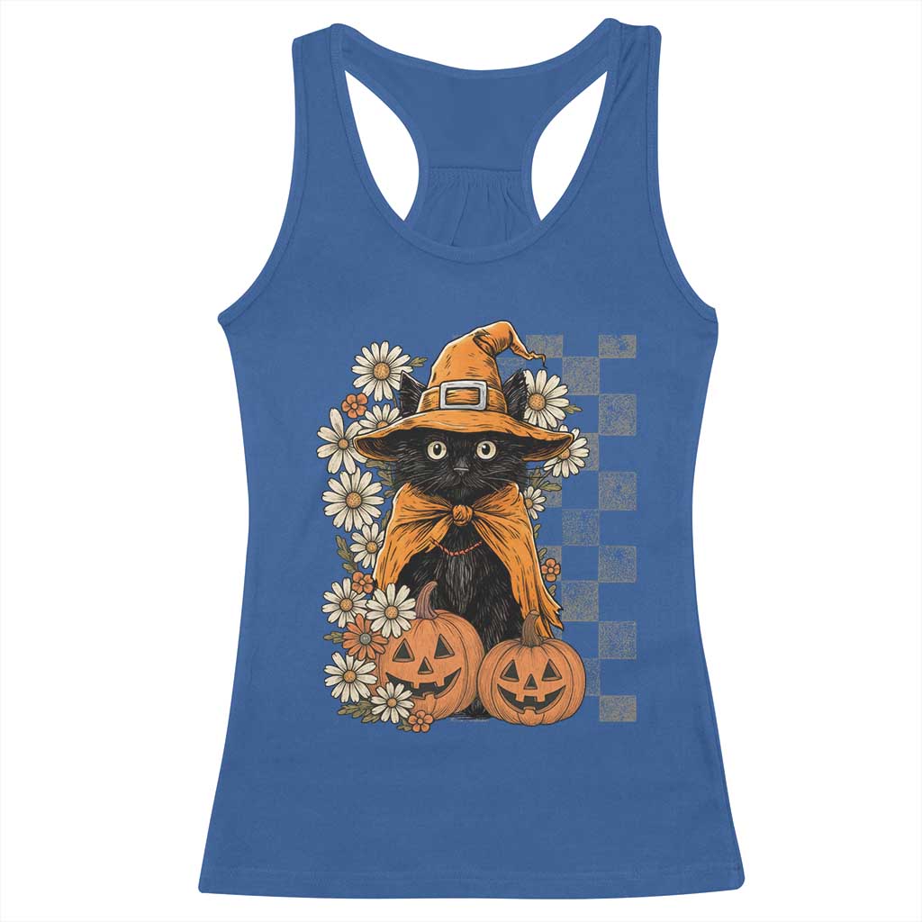 Boho Cat Wild Flowers Racerback Tank Top Vintage Autumn Cozy Black Cat Pumpkin Halloween
