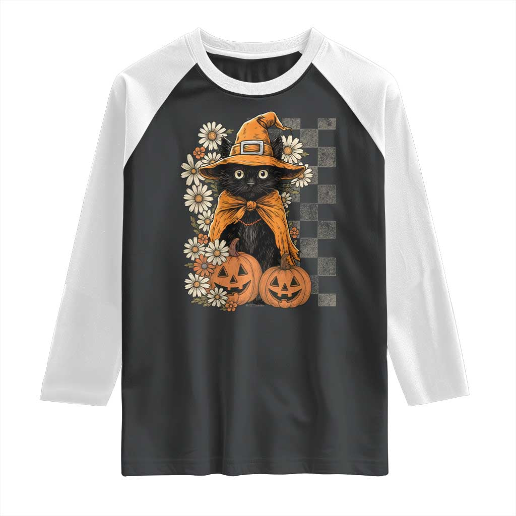 Boho Cat Wild Flowers Raglan Shirt Vintage Autumn Cozy Black Cat Pumpkin Halloween