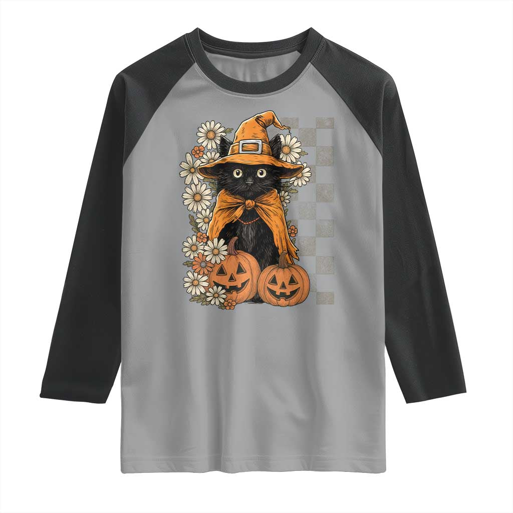Boho Cat Wild Flowers Raglan Shirt Vintage Autumn Cozy Black Cat Pumpkin Halloween