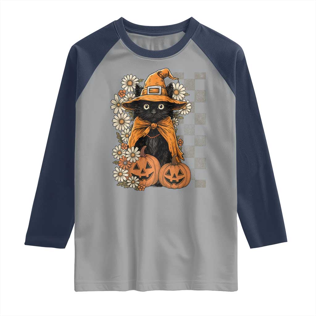 Boho Cat Wild Flowers Raglan Shirt Vintage Autumn Cozy Black Cat Pumpkin Halloween