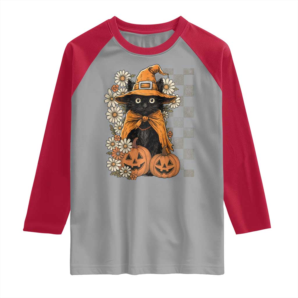 Boho Cat Wild Flowers Raglan Shirt Vintage Autumn Cozy Black Cat Pumpkin Halloween