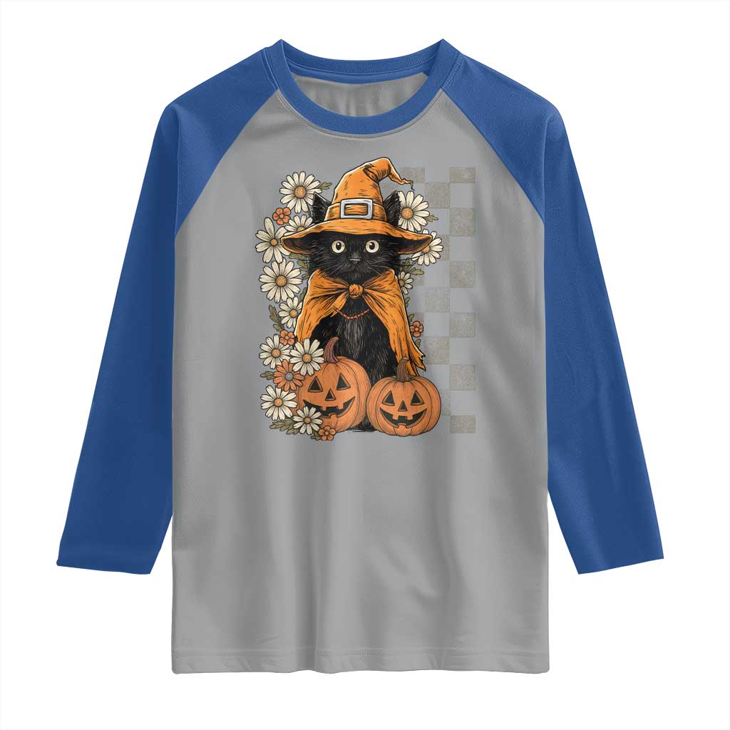 Boho Cat Wild Flowers Raglan Shirt Vintage Autumn Cozy Black Cat Pumpkin Halloween