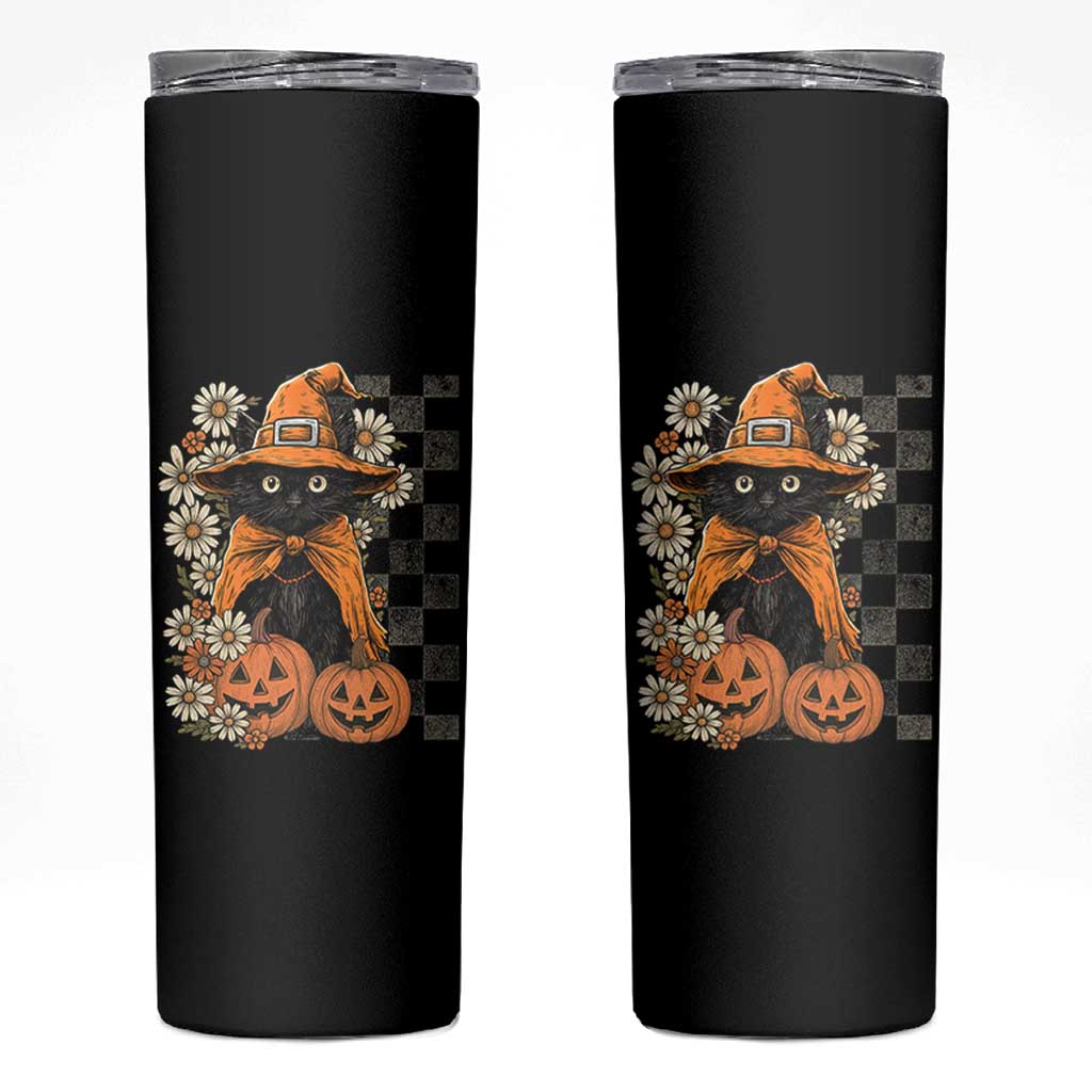 Boho Cat Wild Flowers Skinny Tumbler Vintage Autumn Cozy Black Cat Pumpkin Halloween
