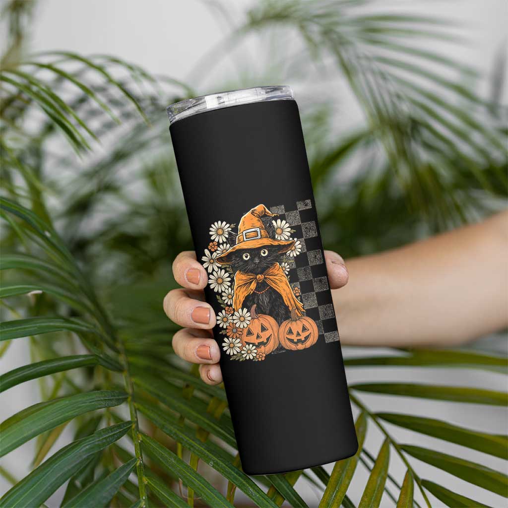 Boho Cat Wild Flowers Skinny Tumbler Vintage Autumn Cozy Black Cat Pumpkin Halloween