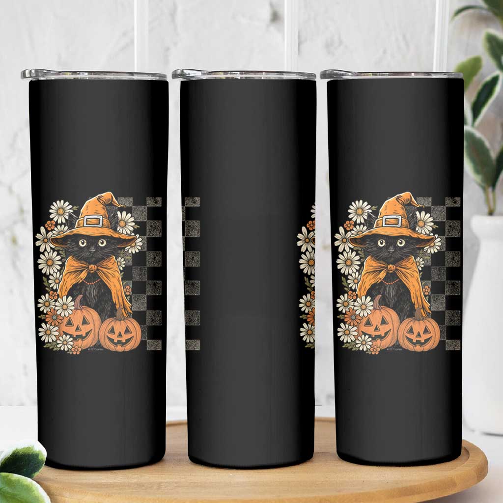 Boho Cat Wild Flowers Skinny Tumbler Vintage Autumn Cozy Black Cat Pumpkin Halloween