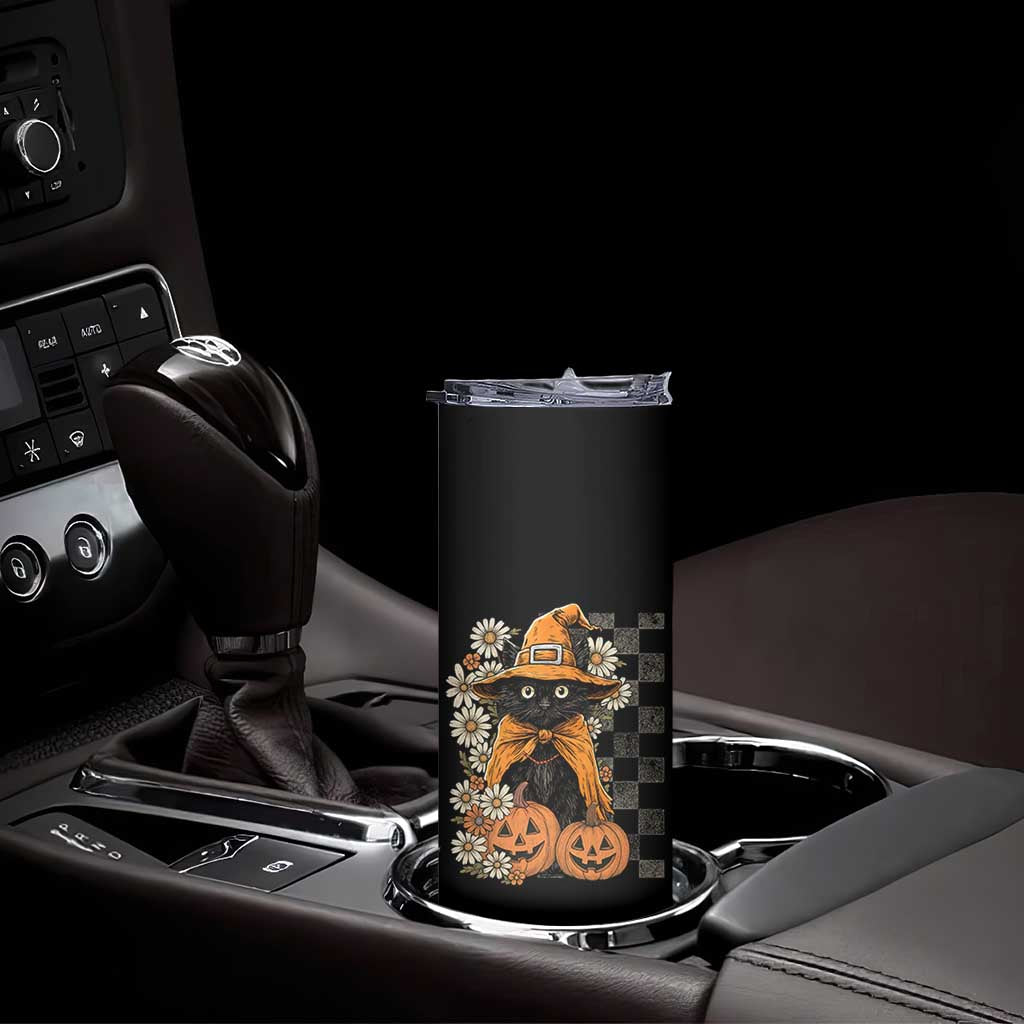 Boho Cat Wild Flowers Skinny Tumbler Vintage Autumn Cozy Black Cat Pumpkin Halloween
