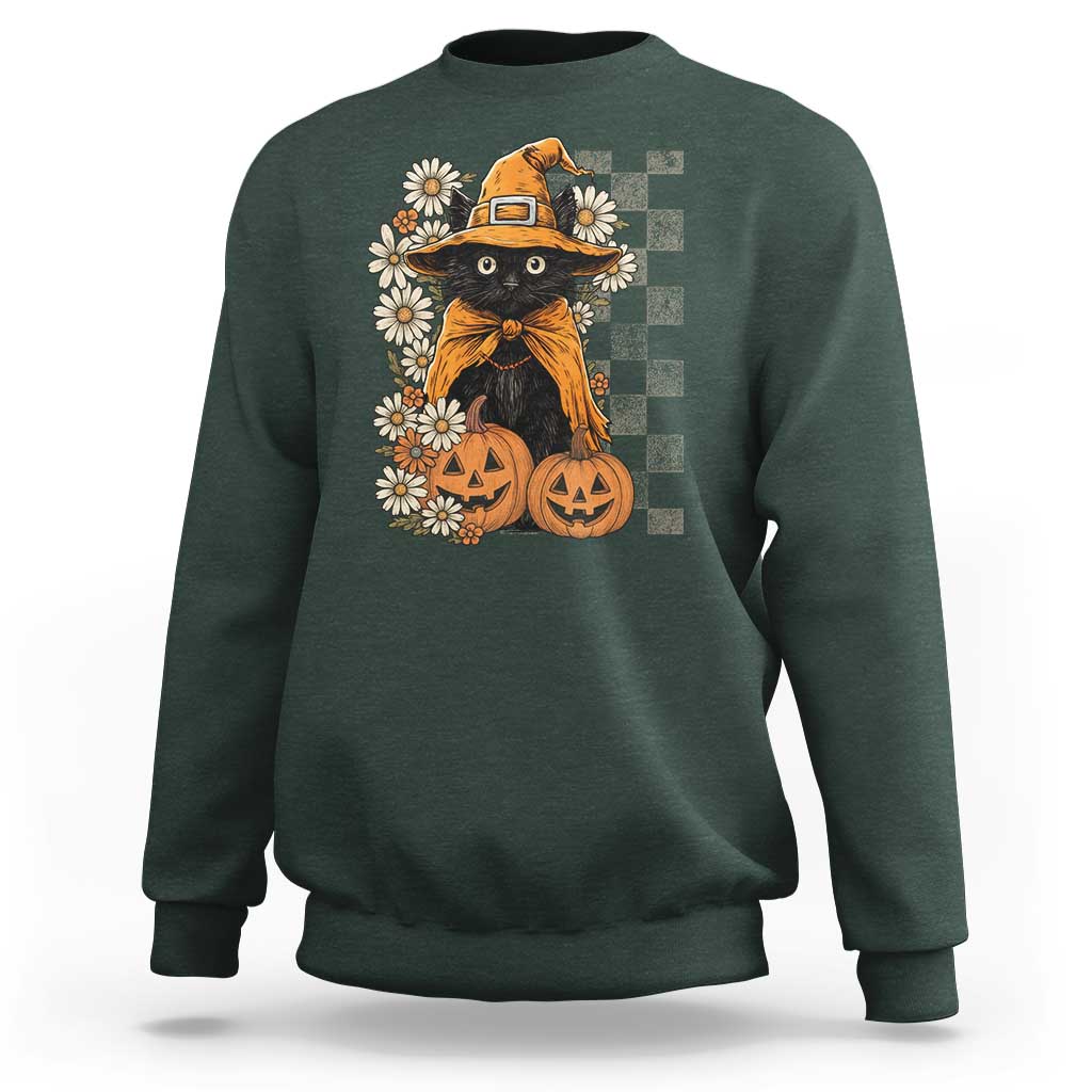 Boho Cat Wild Flowers Sweatshirt Vintage Autumn Cozy Black Cat Pumpkin Halloween