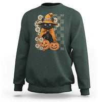 Boho Cat Wild Flowers Sweatshirt Vintage Autumn Cozy Black Cat Pumpkin Halloween