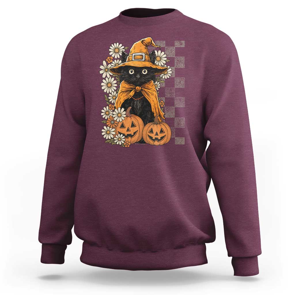 Boho Cat Wild Flowers Sweatshirt Vintage Autumn Cozy Black Cat Pumpkin Halloween