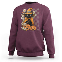 Boho Cat Wild Flowers Sweatshirt Vintage Autumn Cozy Black Cat Pumpkin Halloween